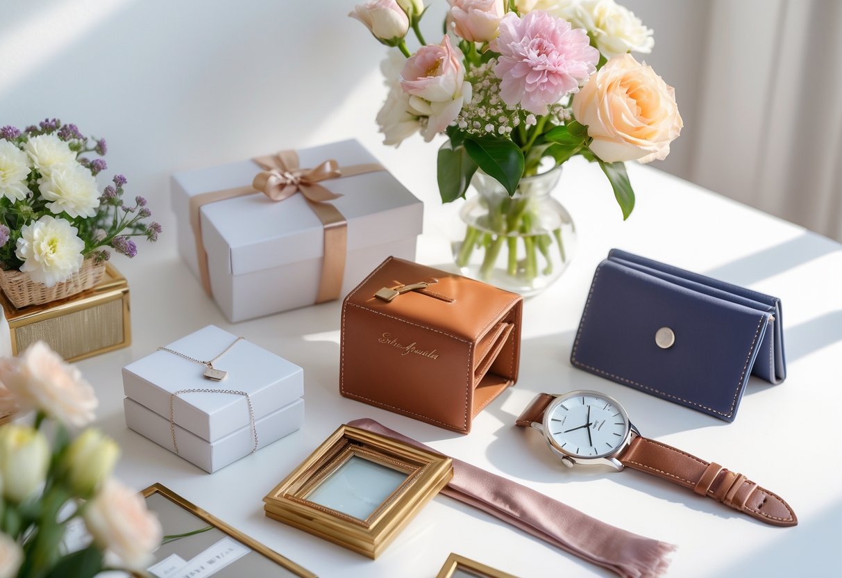 A collection of various 5-year anniversary gifts including jewelry, a watch, a wallet, flowers, photo frames, and a silk scarf arranged on a white surface.