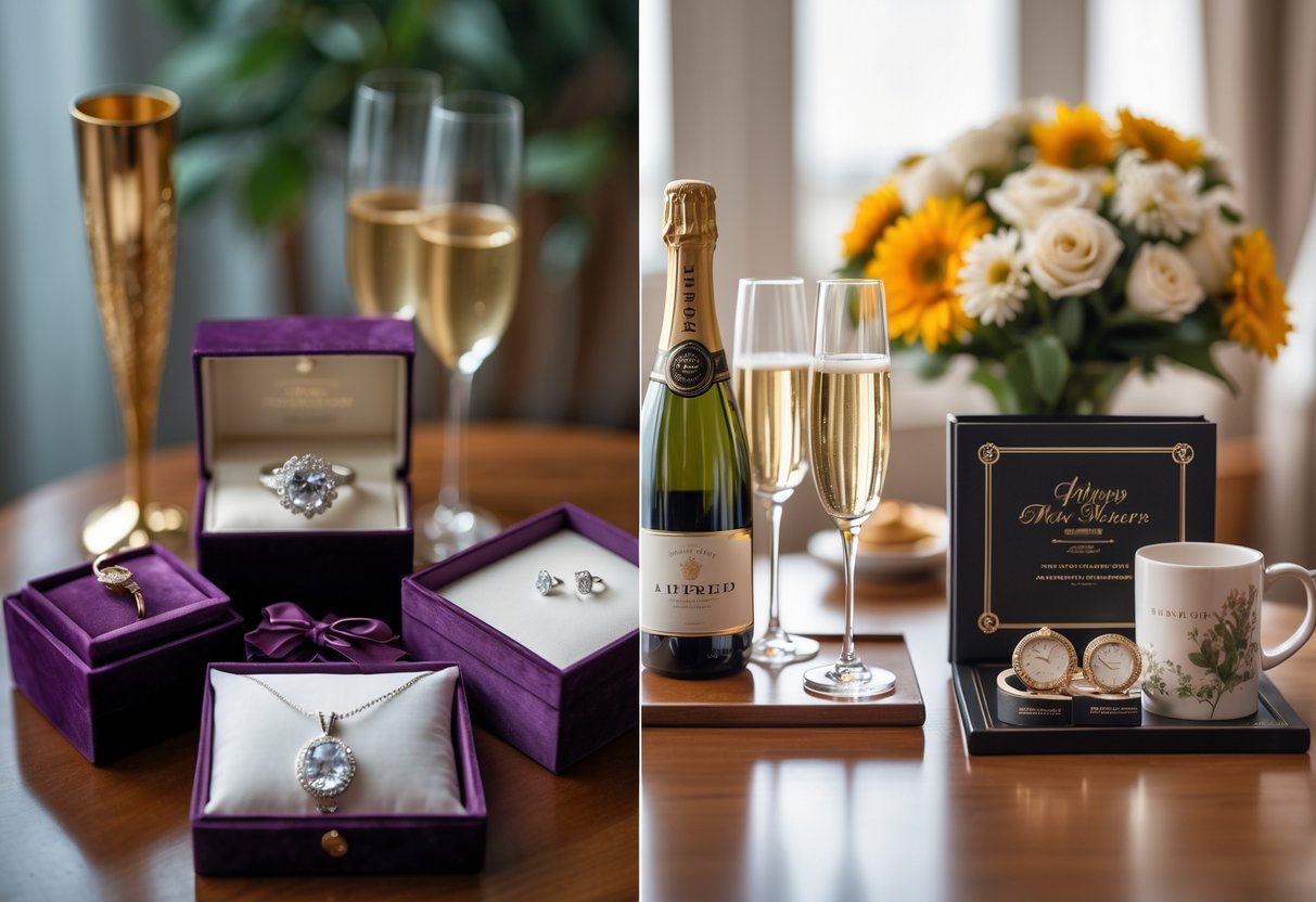 An arrangement of anniversary gifts including luxury items like a diamond necklace and champagne, alongside affordable gifts such as a photo album and flowers, displayed on a table.