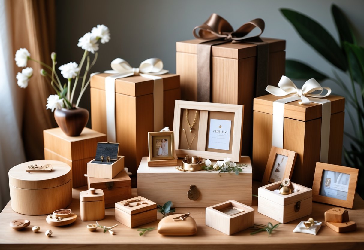 A collection of handcrafted wooden anniversary gifts including jewelry boxes, photo frames, and small sculptures displayed on a wooden surface with soft lighting.