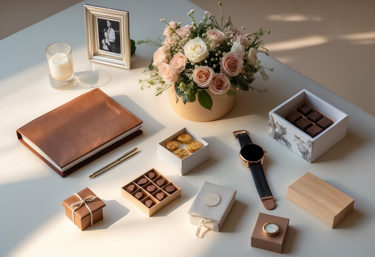 A flat lay of various 5-year anniversary gifts including a leather journal, silver photo frame, bouquet of flowers, chocolates, smartwatch, and wooden keepsake box arranged on a clean surface.