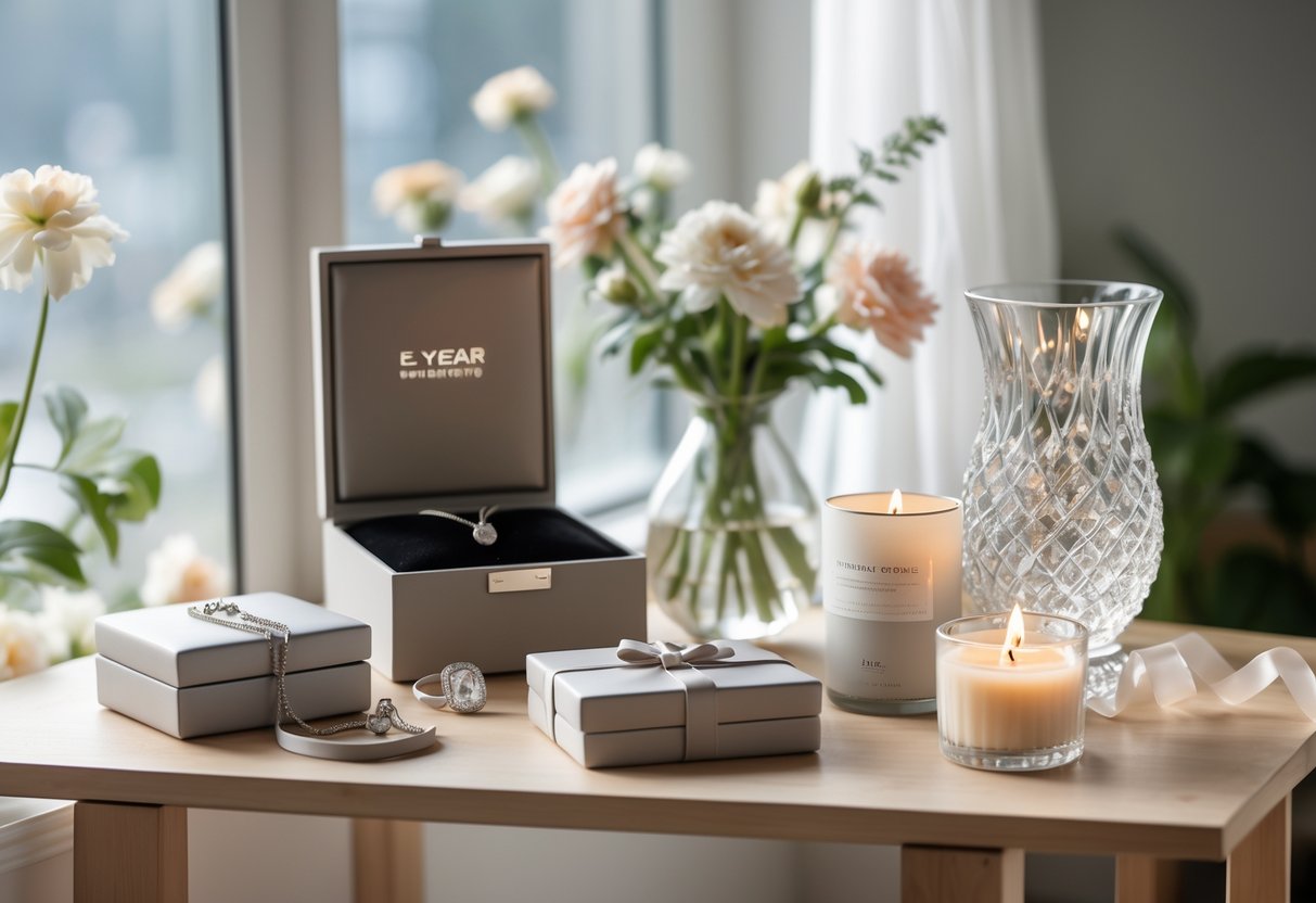 A table displaying a variety of elegant 5-year anniversary gifts including jewelry, a photo album, a crystal vase, and candles, with soft natural light and decorative flowers in the background.