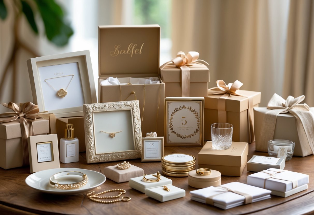 A variety of personalized 5-year anniversary gifts displayed on a table, including engraved jewelry, custom photo frames, leather goods, glassware, and keepsakes.