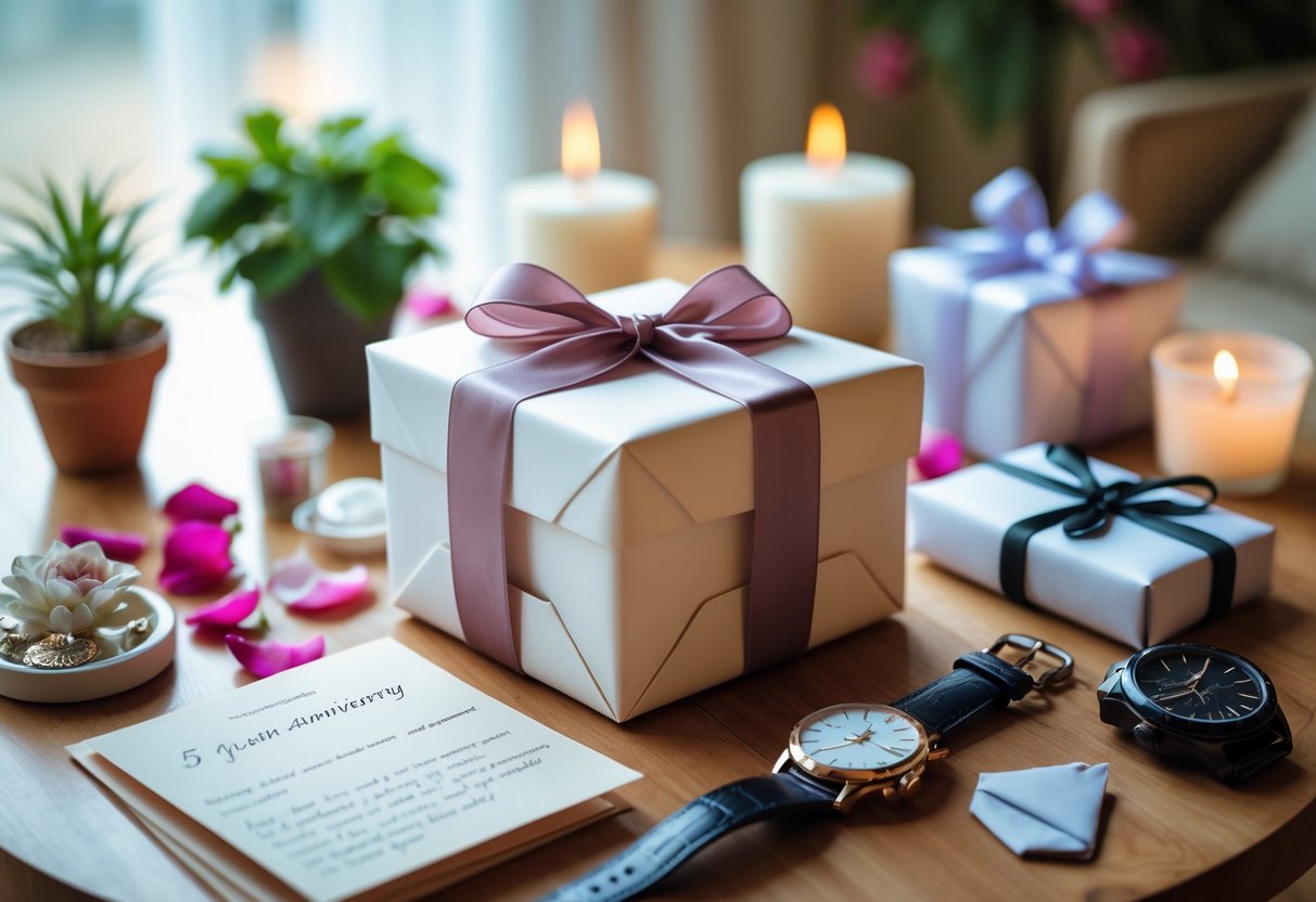 A table with a wrapped gift box surrounded by various anniversary gift items including jewelry, a watch, a plant, and a handwritten note.