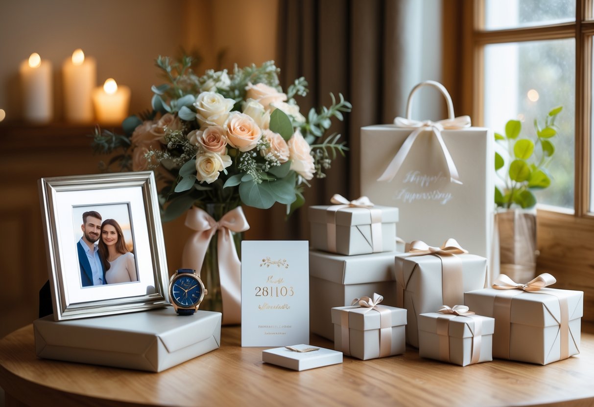 A table displaying various elegant 5-year anniversary gifts including a silver photo frame, flowers, a watch, an engraved keepsake box, and wrapped presents in a softly lit room.