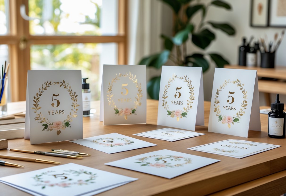 A workspace with beautifully designed anniversary cards and prints arranged on a wooden table with art supplies nearby and natural light coming through a window.