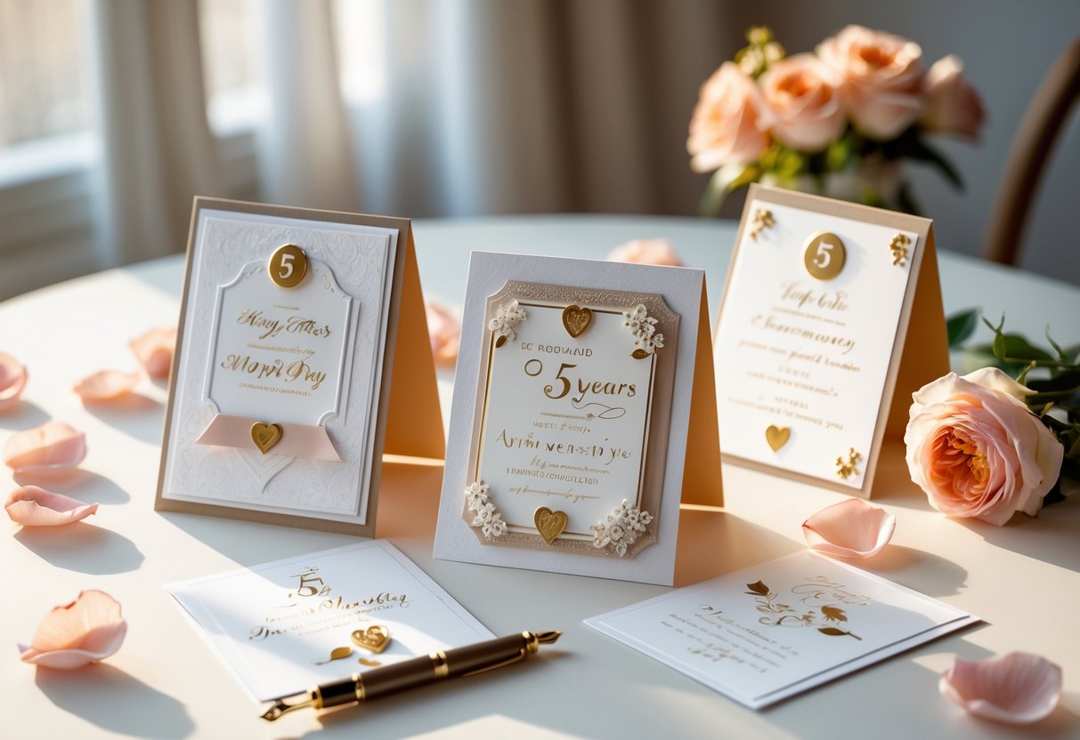A table with beautifully designed 5-year anniversary cards surrounded by rose petals, a fountain pen, and a small bouquet of flowers.
