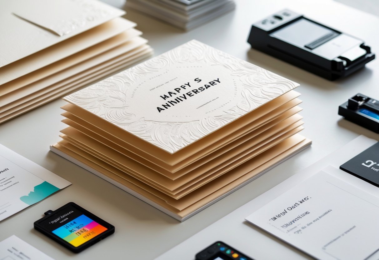 Close-up of premium anniversary cards and printing materials arranged on a clean workspace.