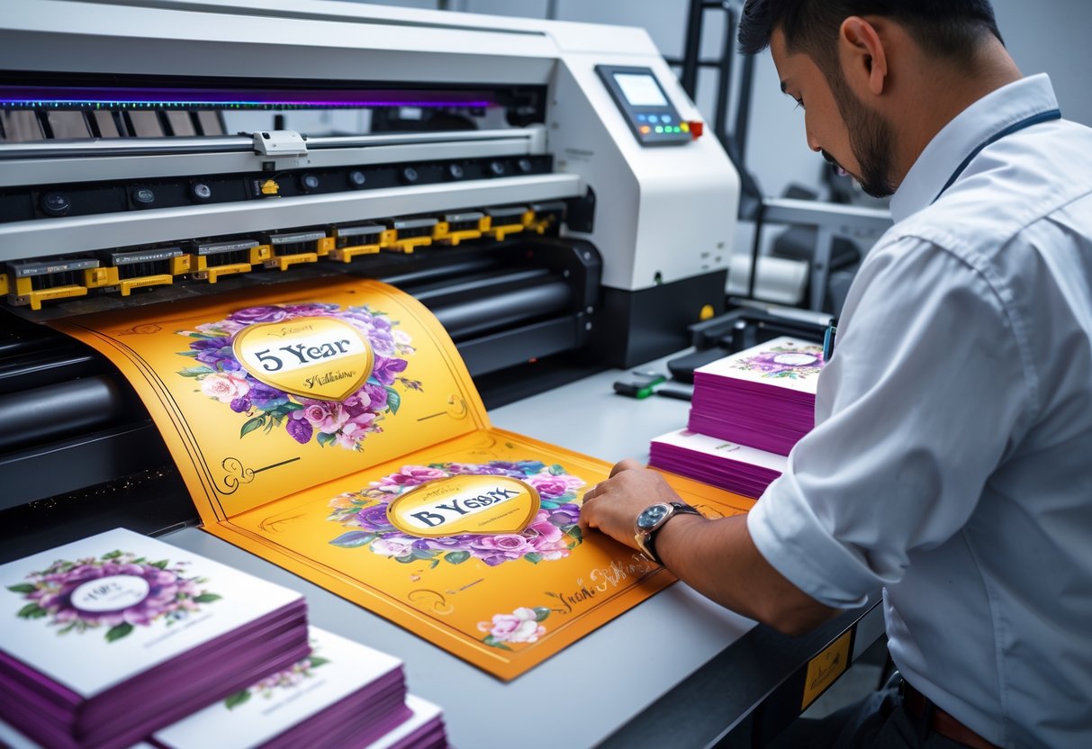 A printing workshop with a machine printing colorful anniversary cards and a technician inspecting the finished prints.