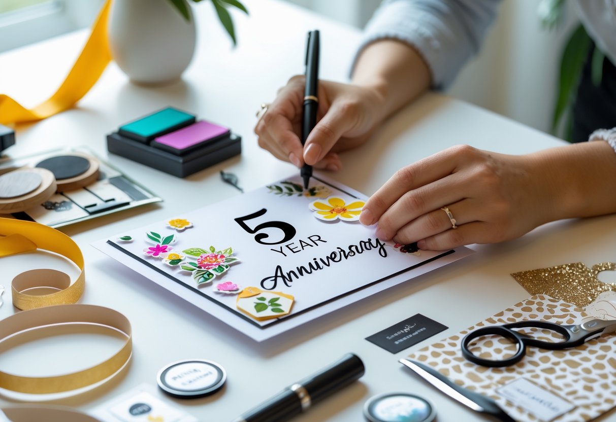 Person decorating a 5-year anniversary card with craft supplies on a desk.