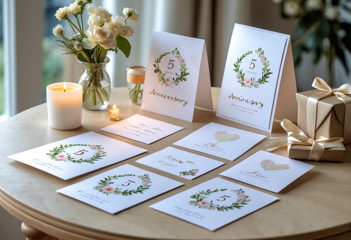 A set of matching anniversary cards and prints arranged on a wooden table with flowers, a candle, and a gift box.