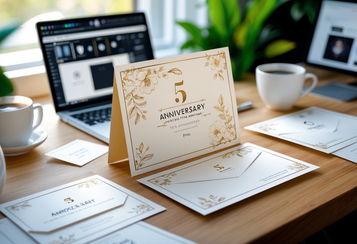 A 5-year anniversary card open on a wooden desk with matching printed materials and a laptop nearby in a bright workspace.