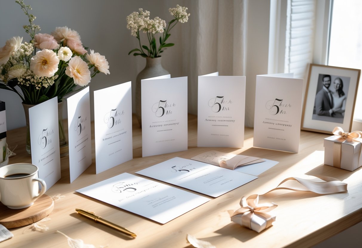 A table displaying customized 5-year anniversary cards alongside flowers, a wrapped gift, and a framed photo print in a bright, cozy setting.