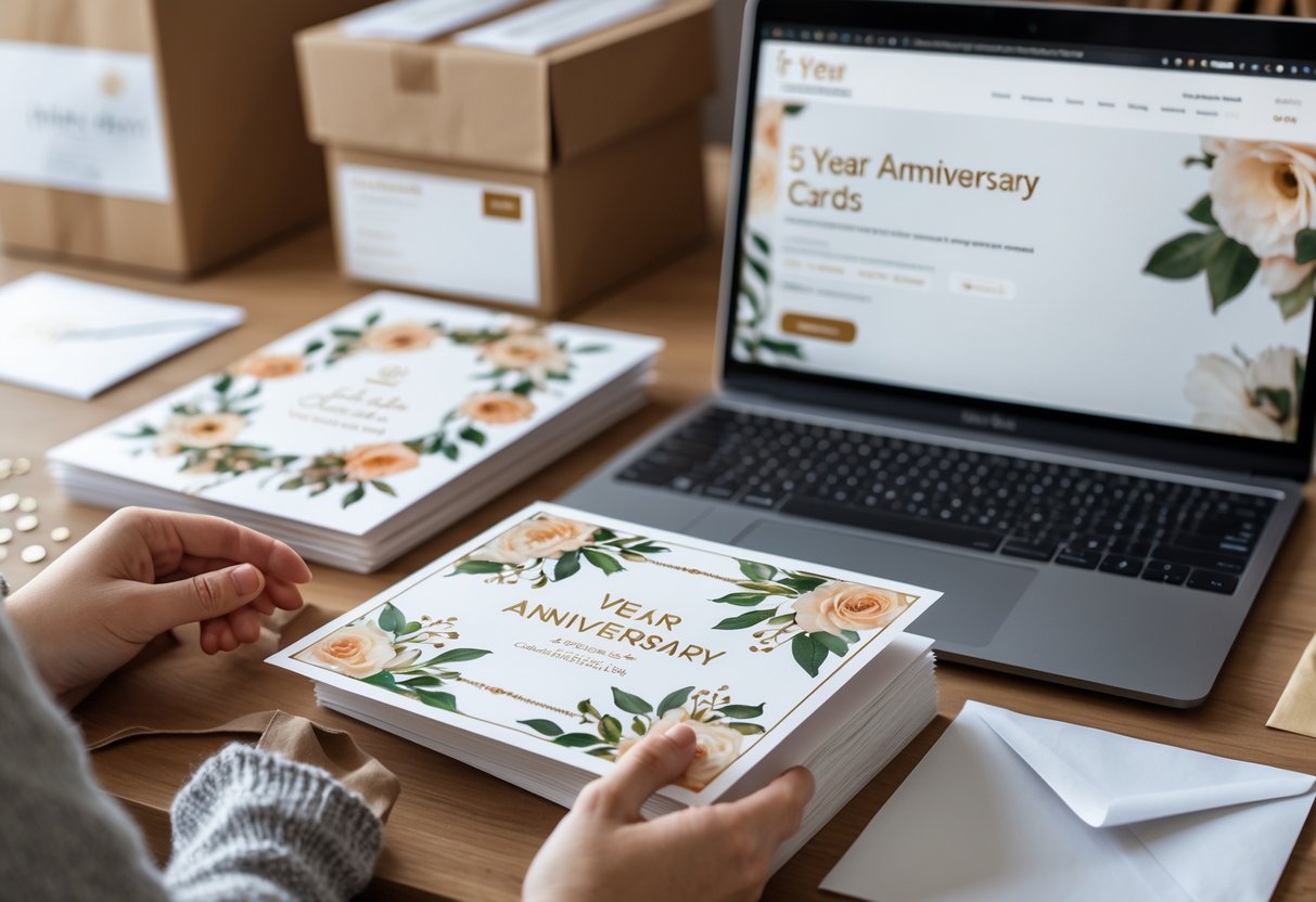 A person examining a custom 5-year anniversary card at a workspace with a laptop and shipping materials nearby.