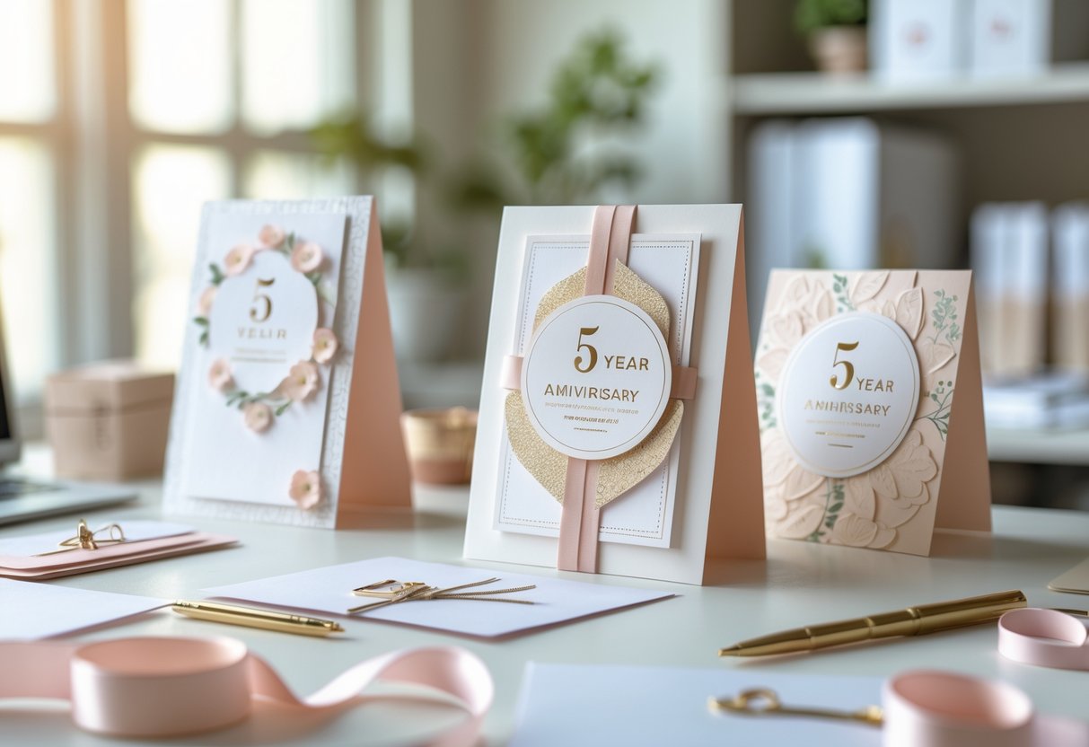 A workspace with 5-year anniversary cards and prints arranged on a desk with crafting tools and natural light coming through a window.