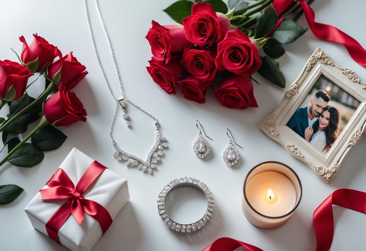 A flat lay of anniversary gifts including silver jewelry, red roses, a wrapped box, a photo frame, and a candle on a white surface.