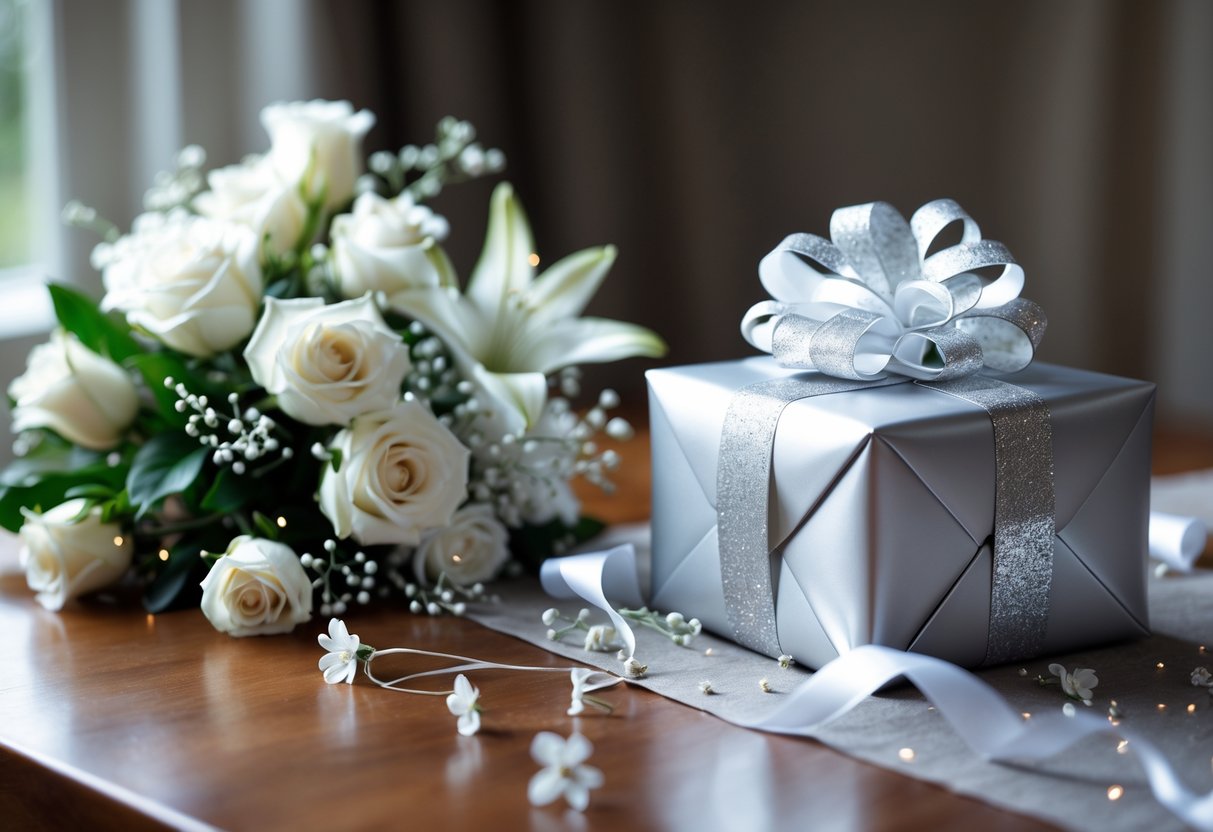 A wrapped gift box on a wooden table surrounded by white flowers and silver decorations, symbolizing a five-year anniversary celebration.