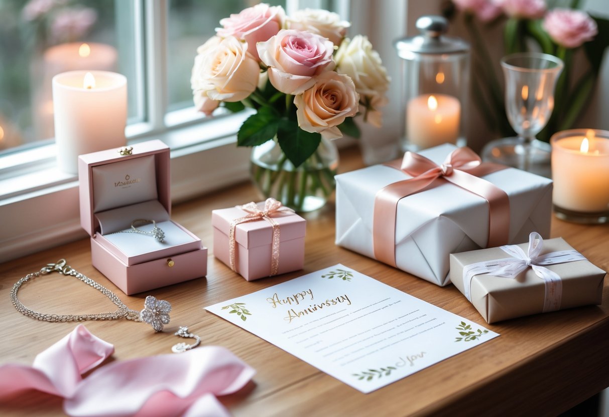 A table with a jewelry box, flowers, a wrapped gift, and a love note, surrounded by candles and rose petals.