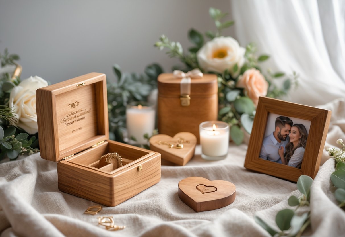 A collection of wooden anniversary gifts including a jewelry box, photo frame, and heart-shaped keepsake arranged with flowers and candles on a soft surface.
