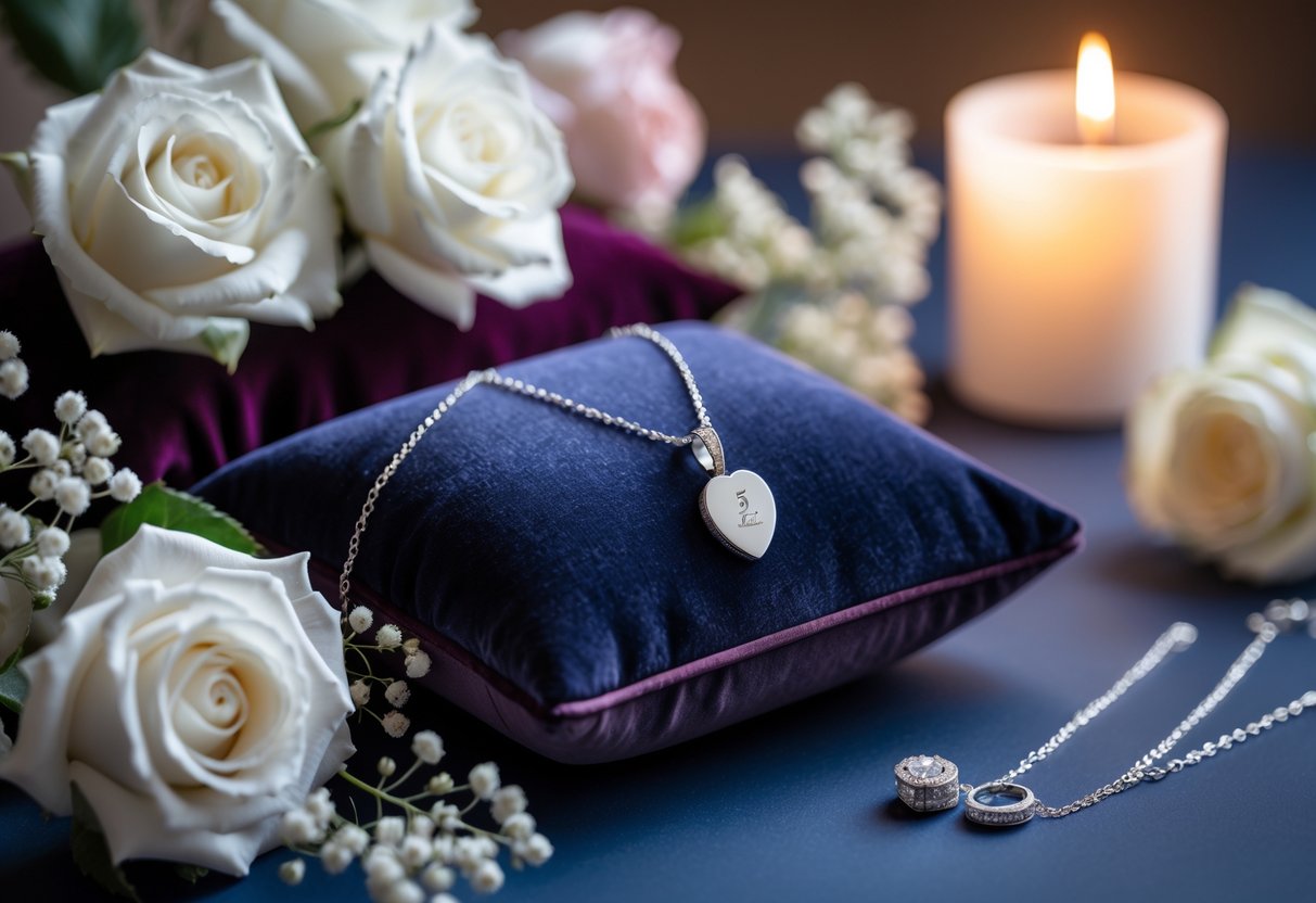 A display of elegant silver jewelry including a necklace, bracelet, and earrings arranged on a velvet cushion with white roses and a lit candle in the background.