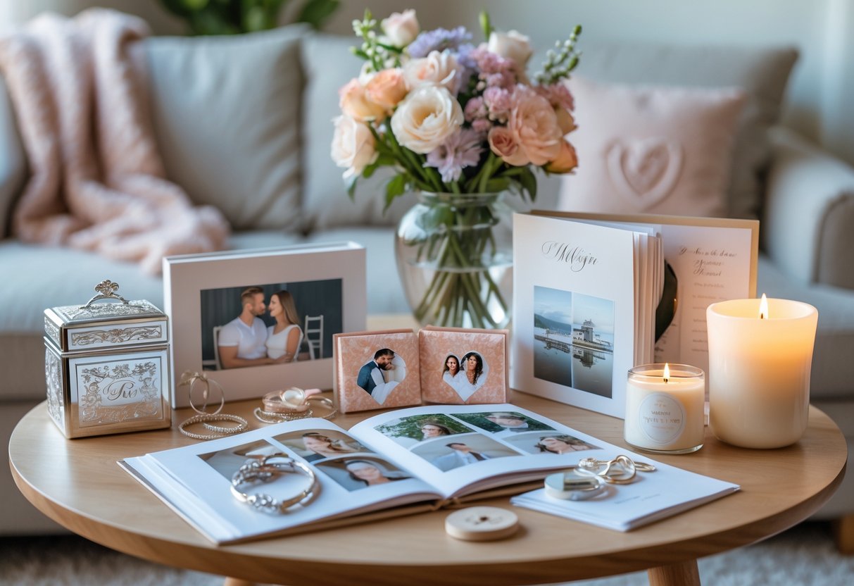 A cozy living room table displaying elegant anniversary gifts including a silver jewelry box, a photo album, fresh flowers, and personalized keepsakes.
