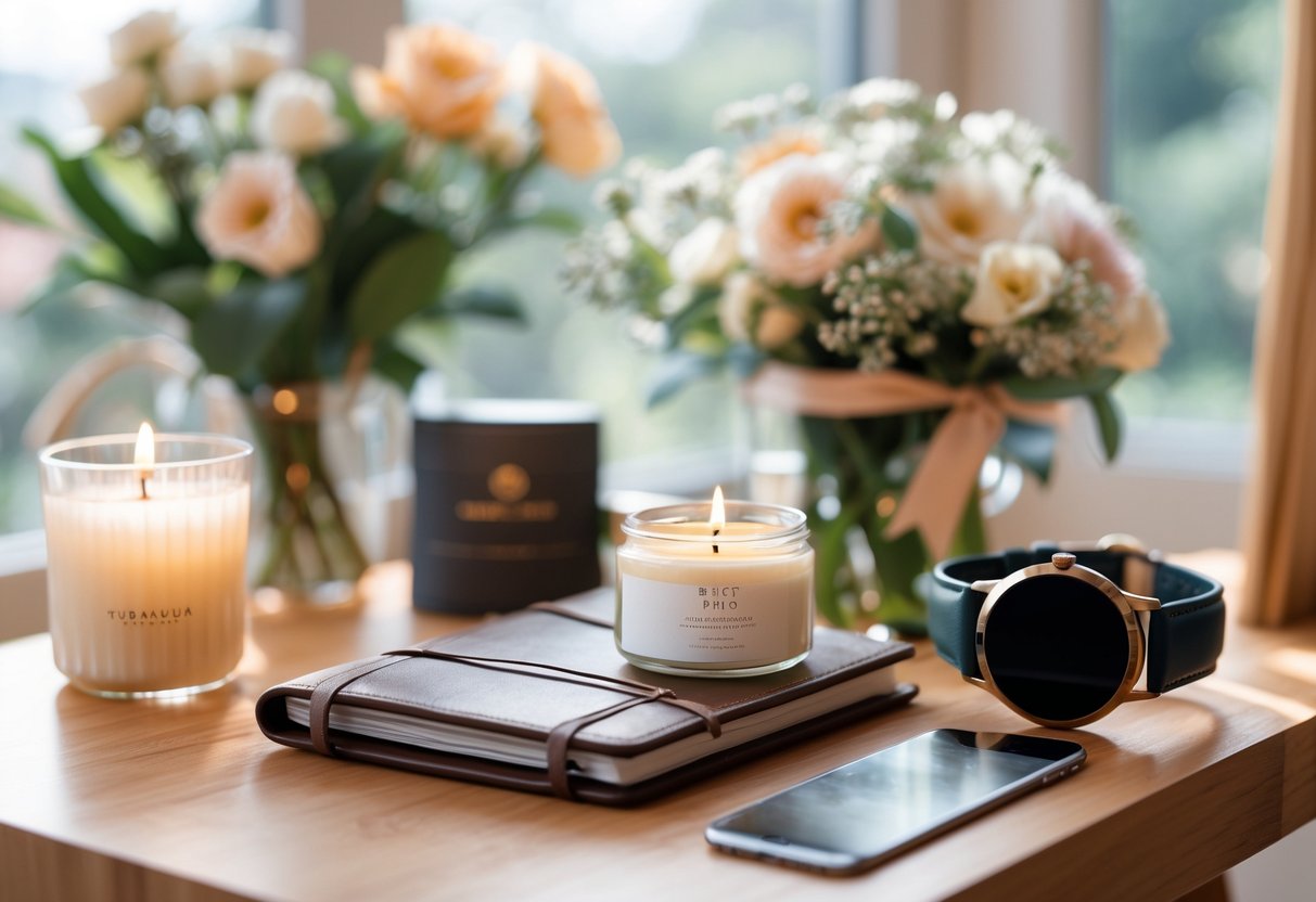 A table displaying a variety of elegant anniversary gifts including jewelry, a journal, a candle, a smartwatch, and flowers.