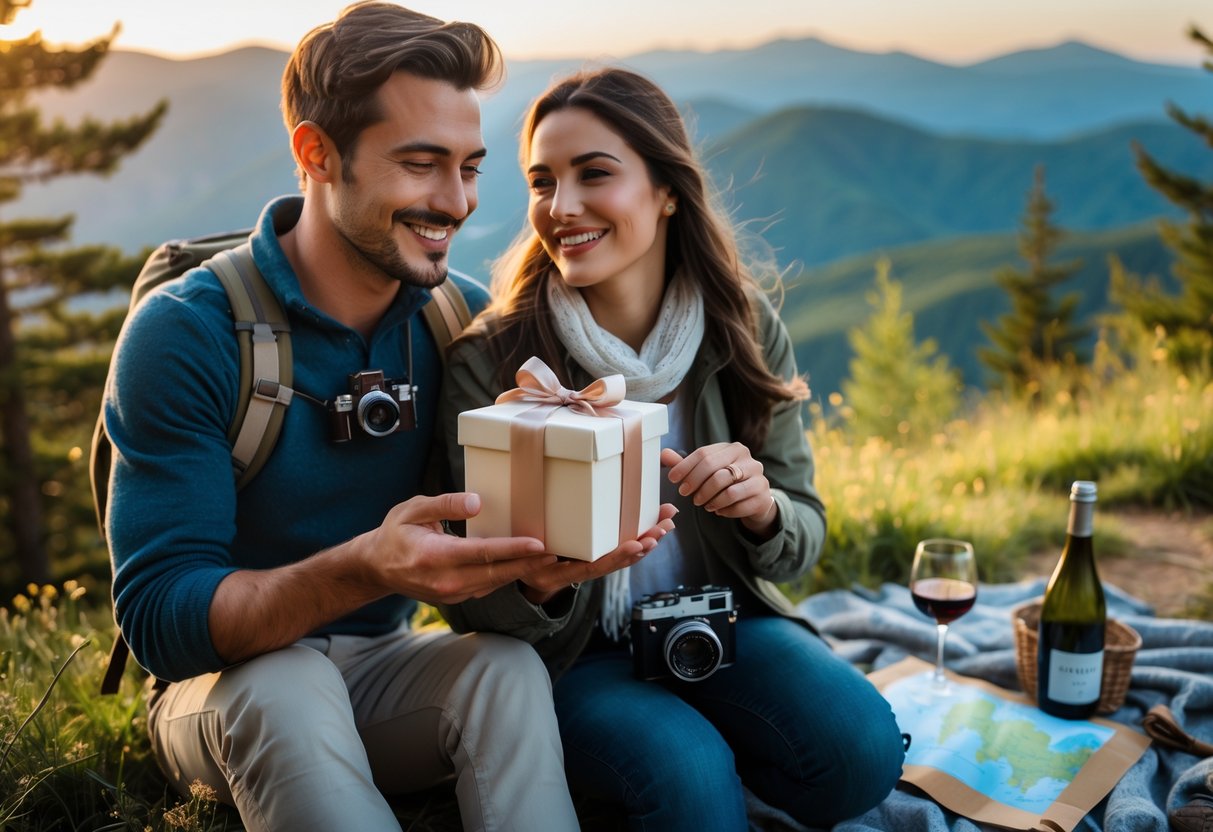 A happy couple hiking on a mountain trail during sunset, with the woman holding a small gift box and a picnic setup nearby.