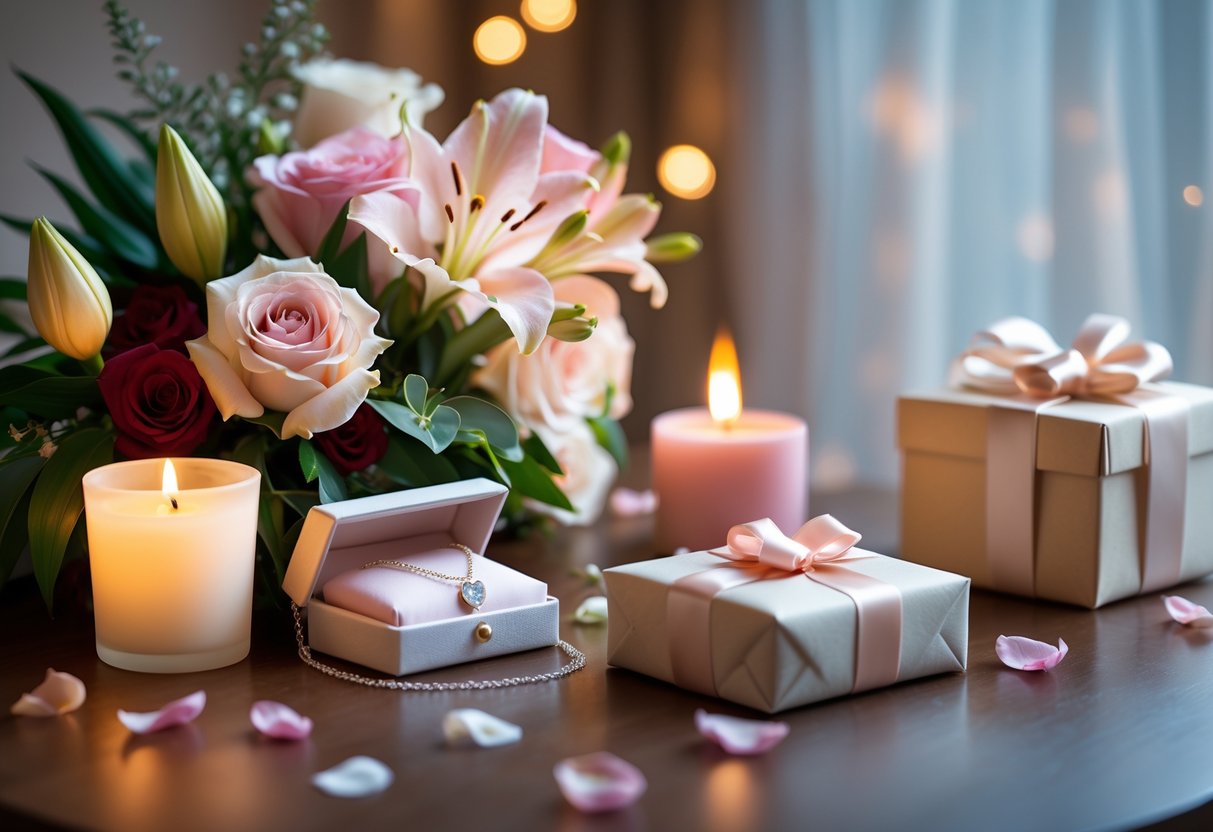 A table with flowers, a jewelry box with a necklace, a lit candle, and a wrapped gift, arranged to celebrate a 5-year anniversary.