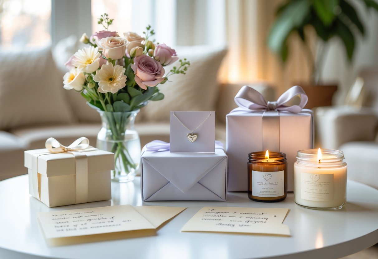 A table with a silver necklace, flowers, a wrapped gift box, a handwritten note, and a scented candle arranged together in a cozy room.