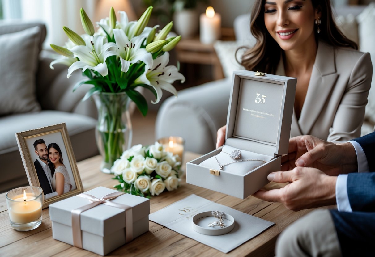 A woman receiving a gift in a cozy living room decorated with flowers and candles, celebrating a fifth wedding anniversary.