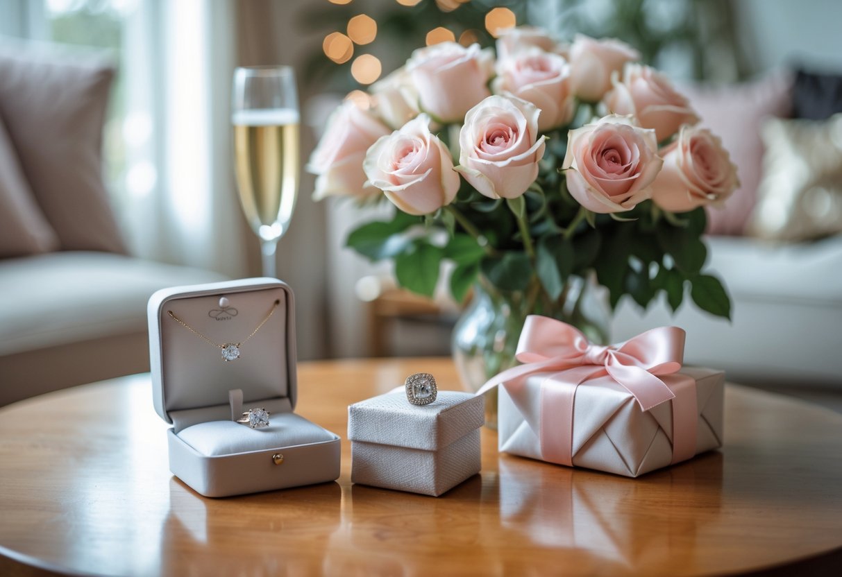 A table with a silver jewelry box containing a necklace, a bouquet of roses, and a wrapped gift box in a cozy living room setting.