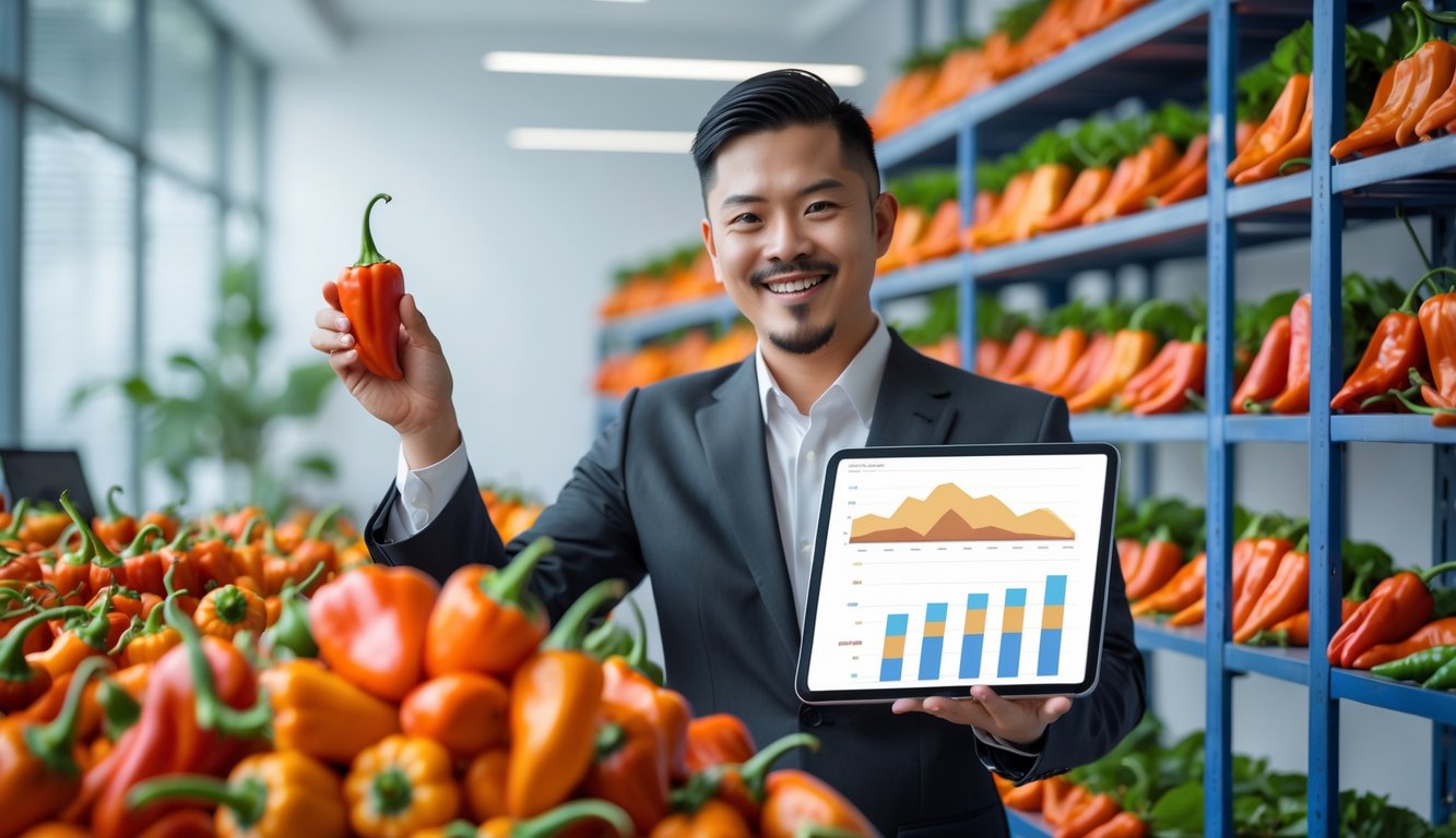 Seorang profesional tersenyum memegang cabai habanero segar di kantor modern dengan latar belakang rak berisi produk cabai habanero.