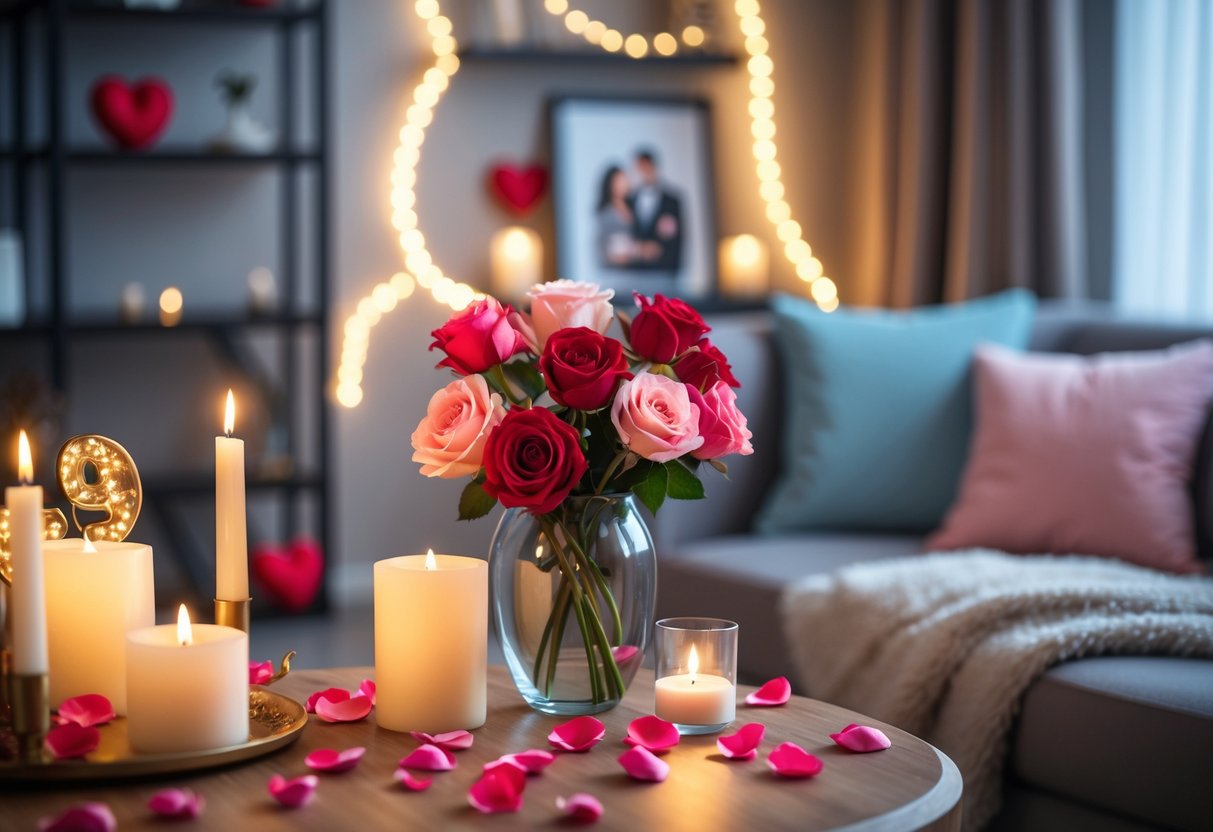 A cozy living room decorated with candles, rose petals, and flowers for a romantic anniversary celebration.