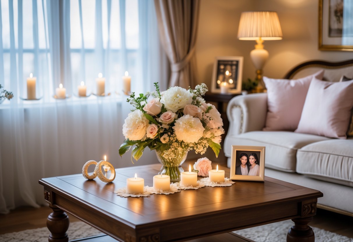 A cozy living room decorated with flowers, candles, and anniversary-themed decorations celebrating a 5-year wedding anniversary.