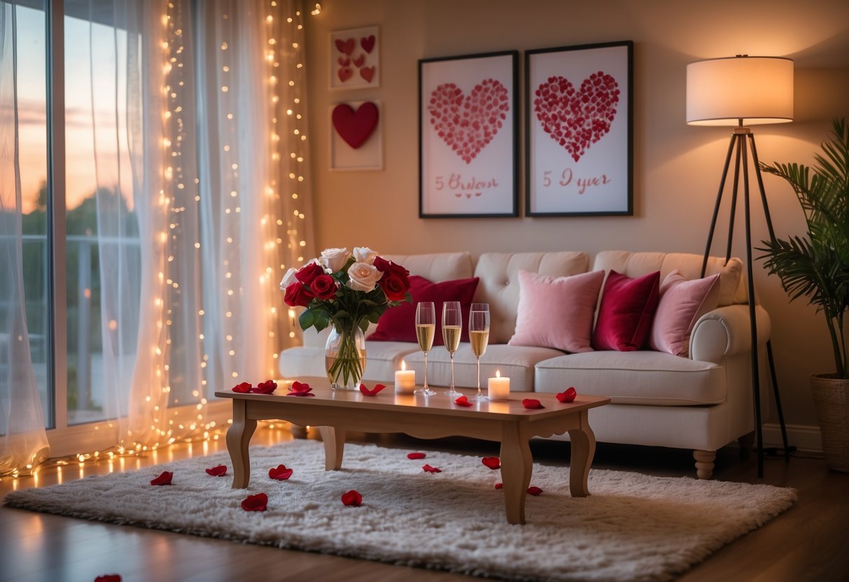 A cozy living room with a sofa, coffee table with flowers and candles, soft lighting, and romantic decorations for an anniversary celebration.