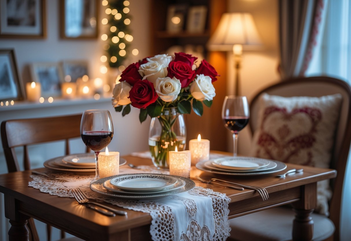 A small dining table set for a romantic anniversary with candles, flowers, wine glasses, and elegant tableware in a softly lit room.