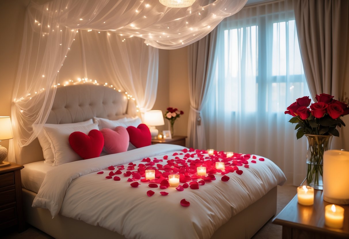 A cozy bedroom with a large bed decorated with rose petals and heart-shaped pillows, warm lighting, candles, and fresh red roses on a side table.
