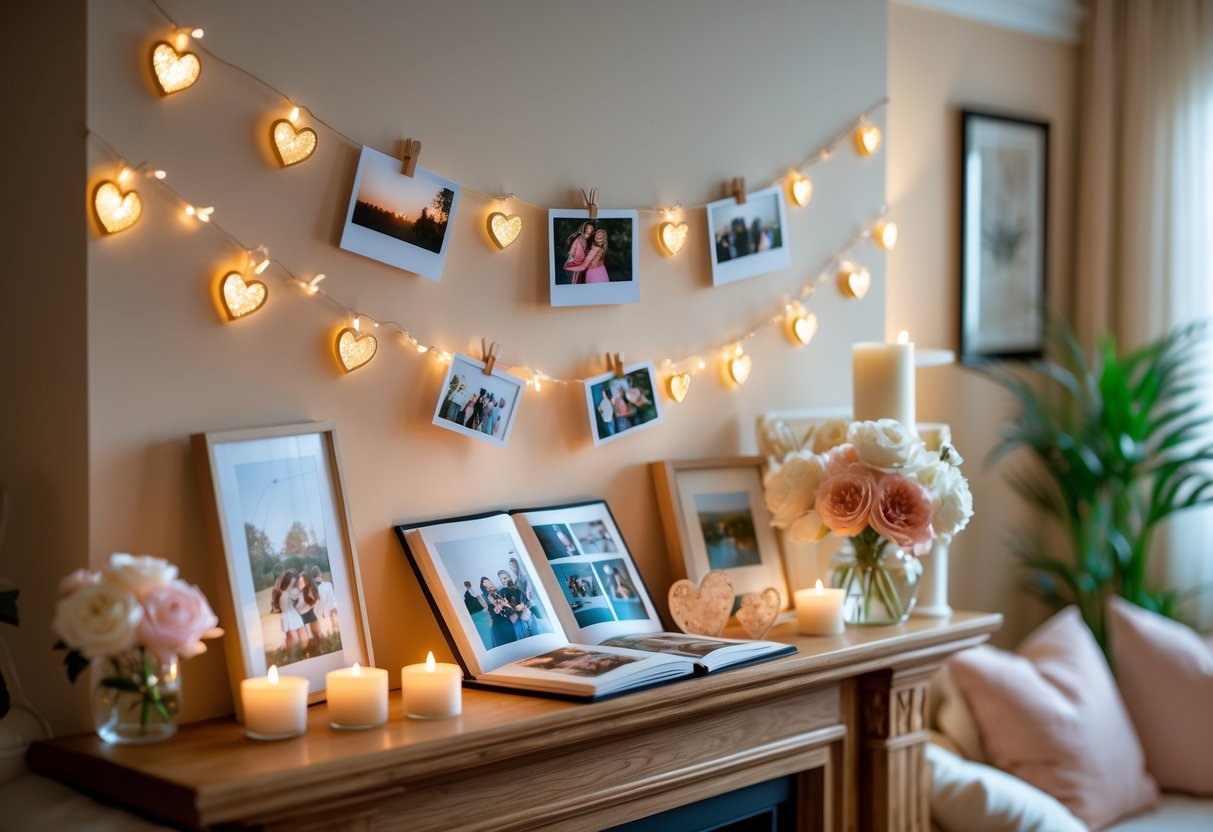 A cozy living room with creative photo displays, candles, flowers, and romantic decorations celebrating a 5-year anniversary.