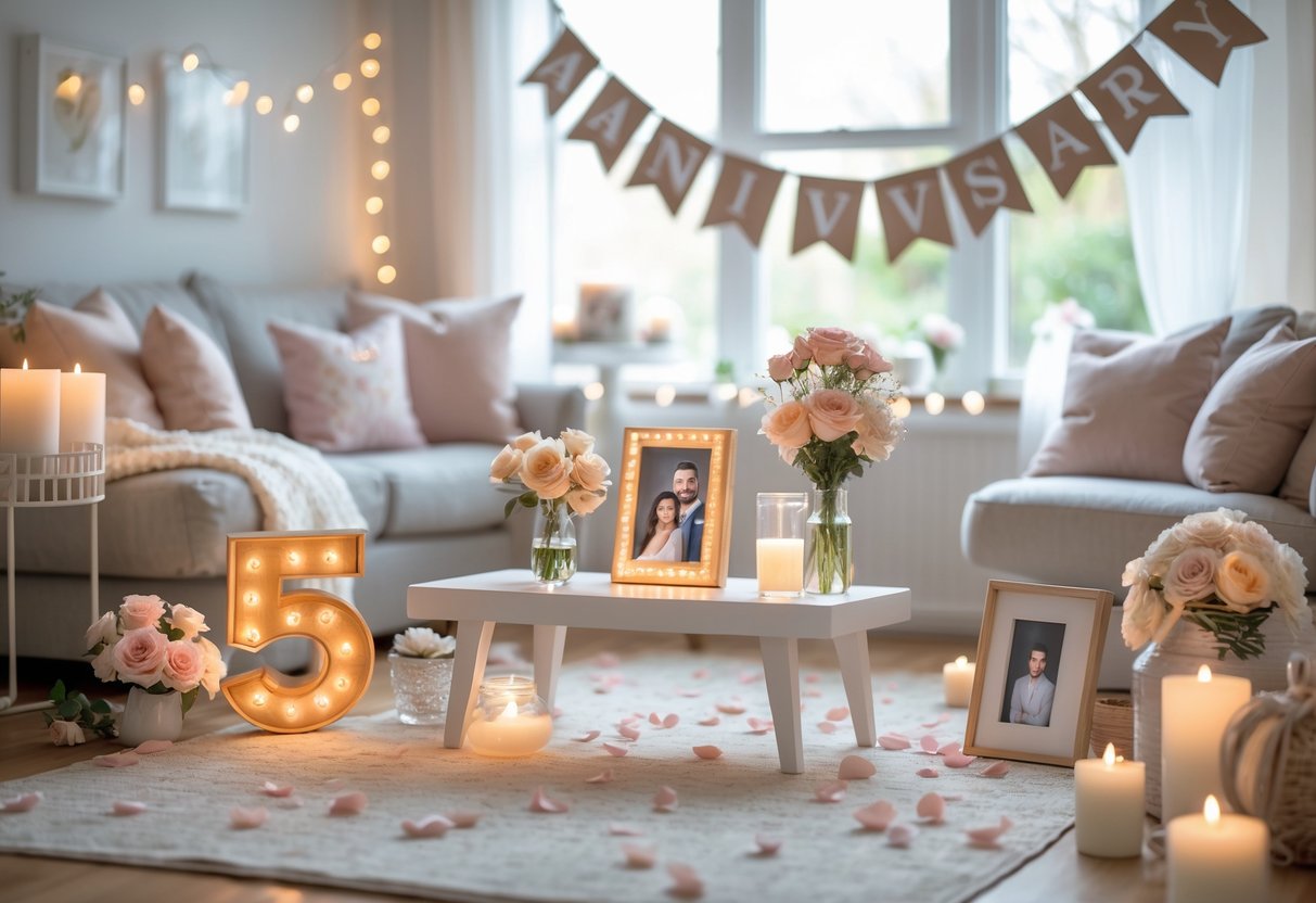 A cozy living room decorated with handmade anniversary decorations, candles, rose petals, and framed photos celebrating a couple's 5-year anniversary.