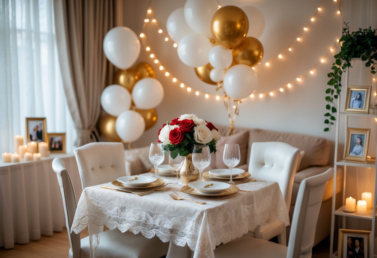A cozy living room decorated with roses, balloons, string lights, and candles for a 5-year anniversary celebration.