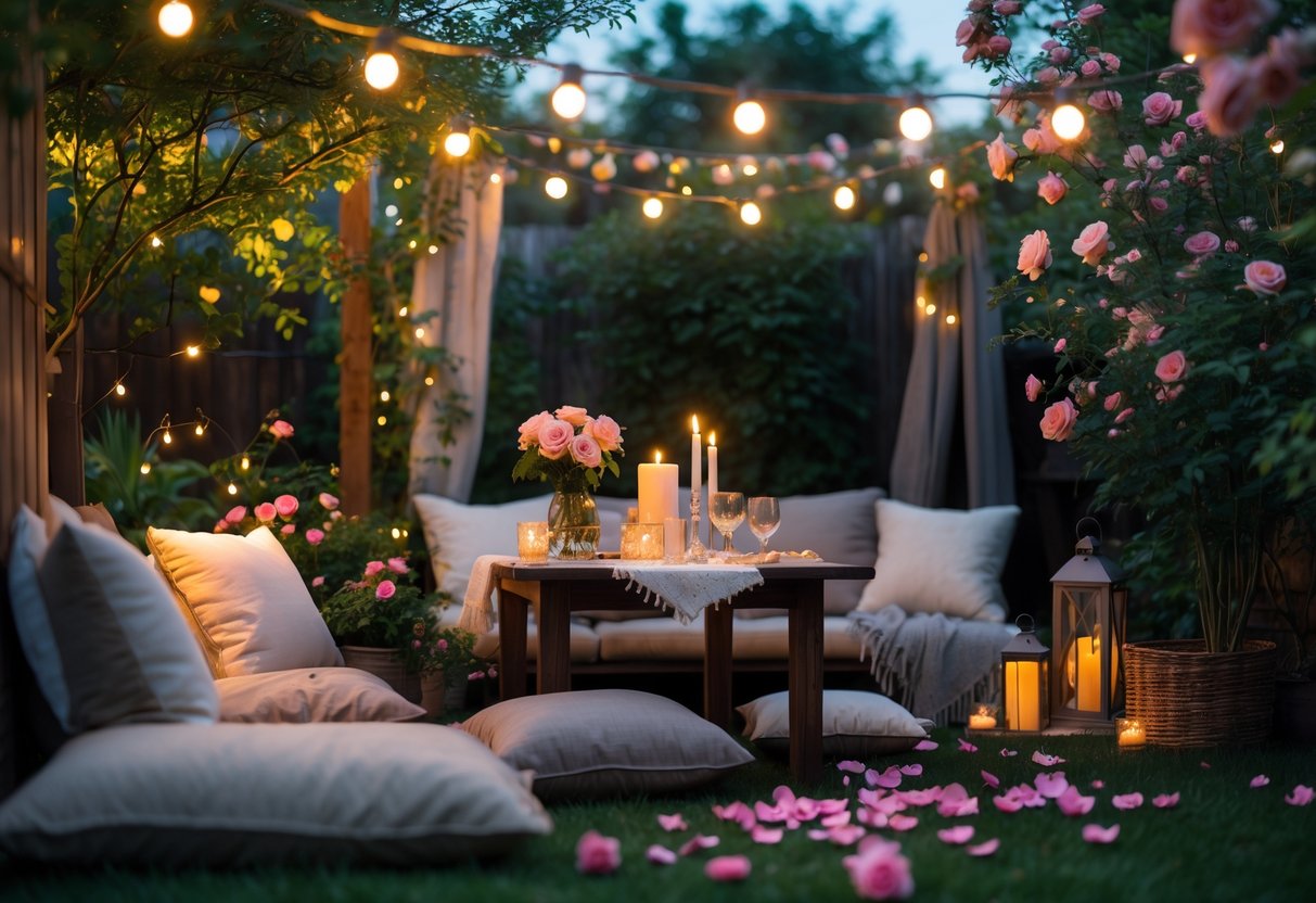 A romantic backyard setup with a cozy seating area, string lights, a wooden table with candles and flowers, surrounded by greenery and rose petals.