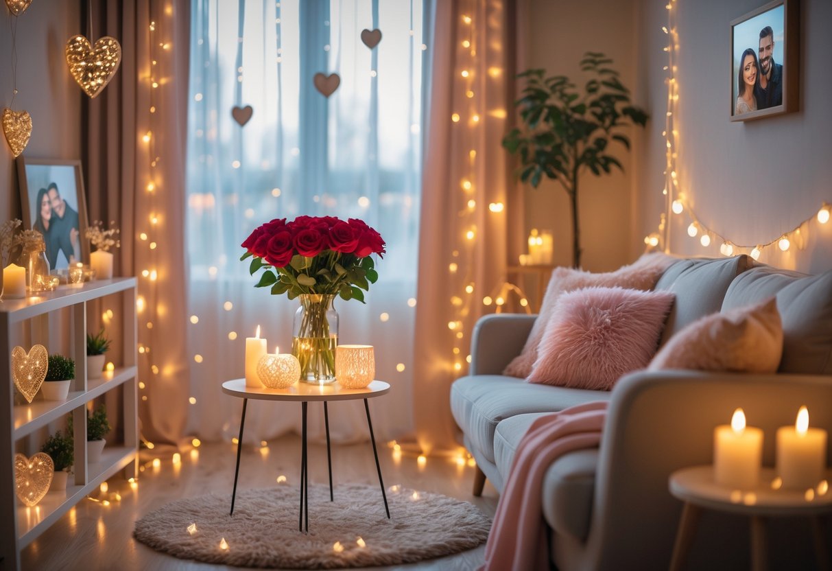 A cozy living room decorated with red roses, candles, fairy lights, and soft cushions to celebrate a 5-year anniversary.