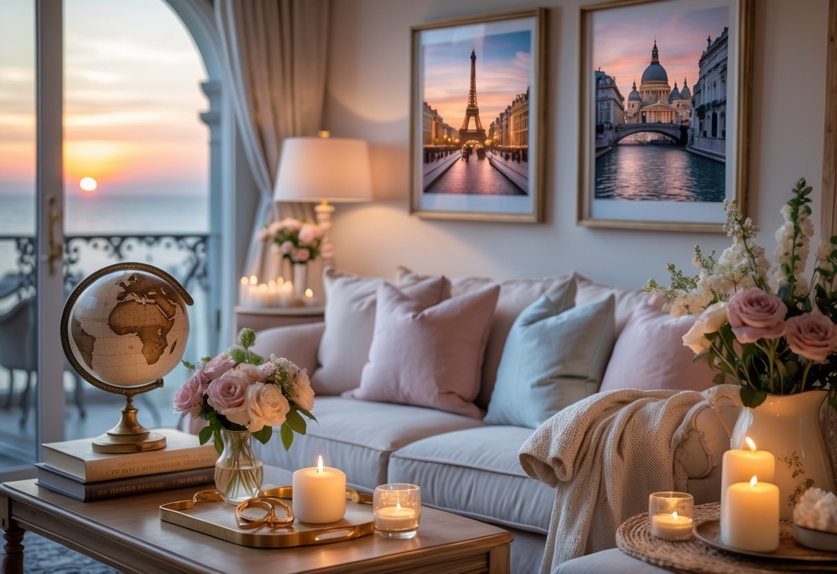 A cozy living room decorated with travel-themed items, fresh flowers, candles, and a small cake, creating a warm and romantic atmosphere.