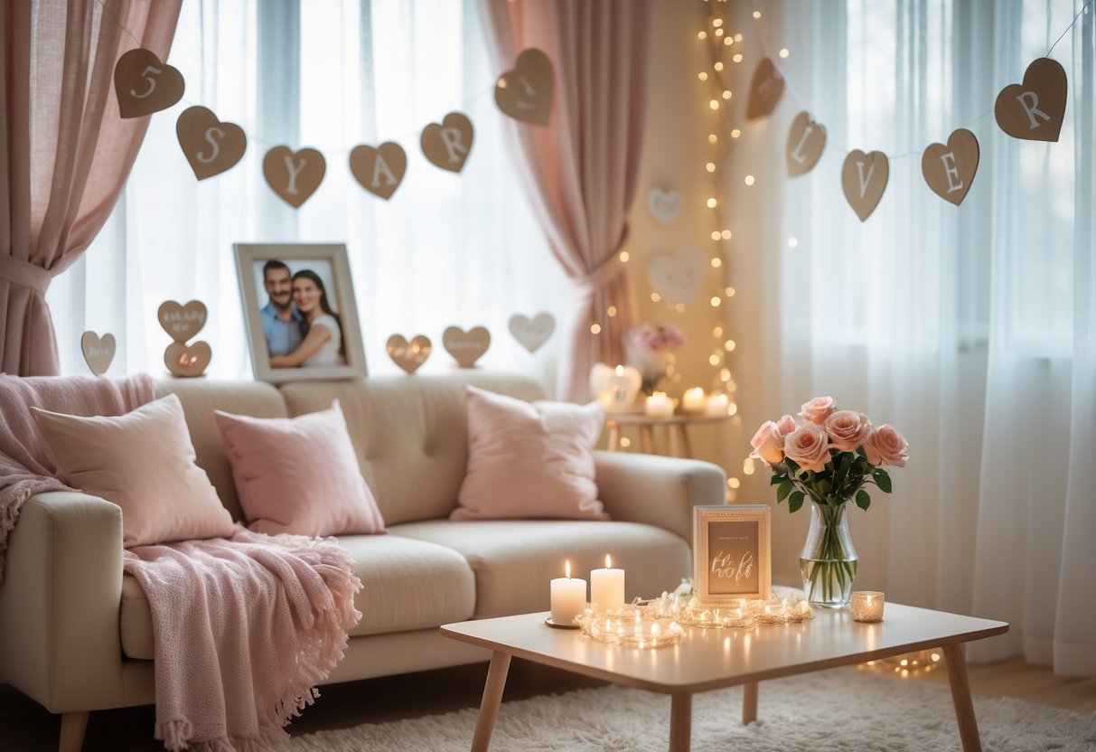 A cozy living room decorated with candles, roses, and a framed photo of a couple, set up for a 5-year anniversary celebration.