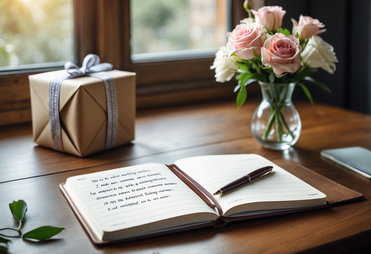 A wooden desk with an open notebook, a pen, a vase of flowers, and a wrapped gift box in soft natural light.