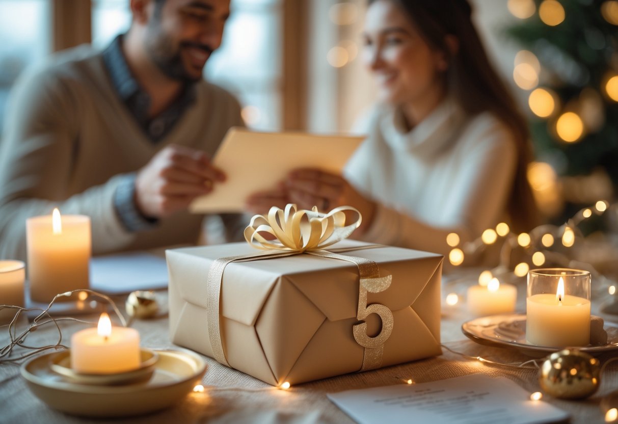 A wrapped gift with a number 5 decoration surrounded by soft lights, with a smiling couple exchanging a card in the background.