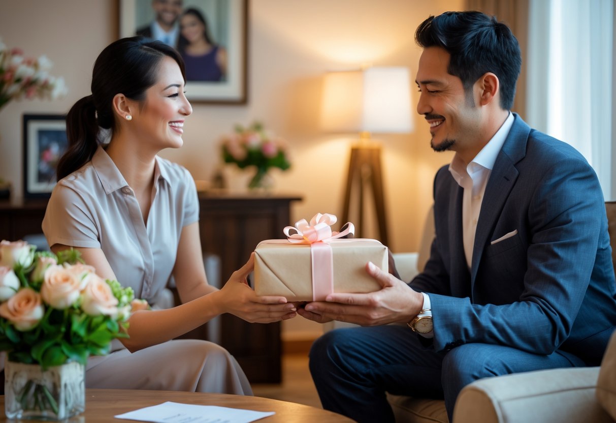 A couple exchanging a wrapped anniversary gift in a cozy living room, smiling warmly at each other.