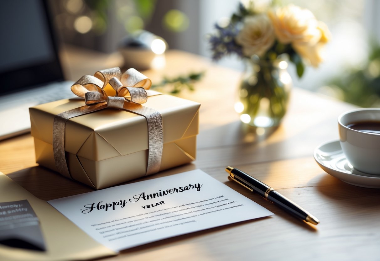 A gift box with a ribbon, a handwritten card, and a pen on a wooden desk with flowers and a cup of coffee.