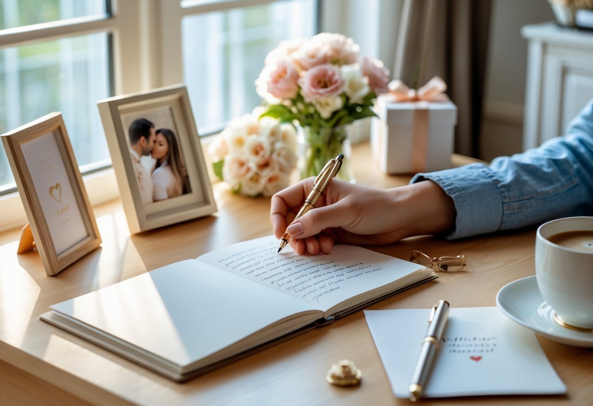 Person writing an anniversary message at a desk with flowers and a gift box nearby in a warmly lit room.