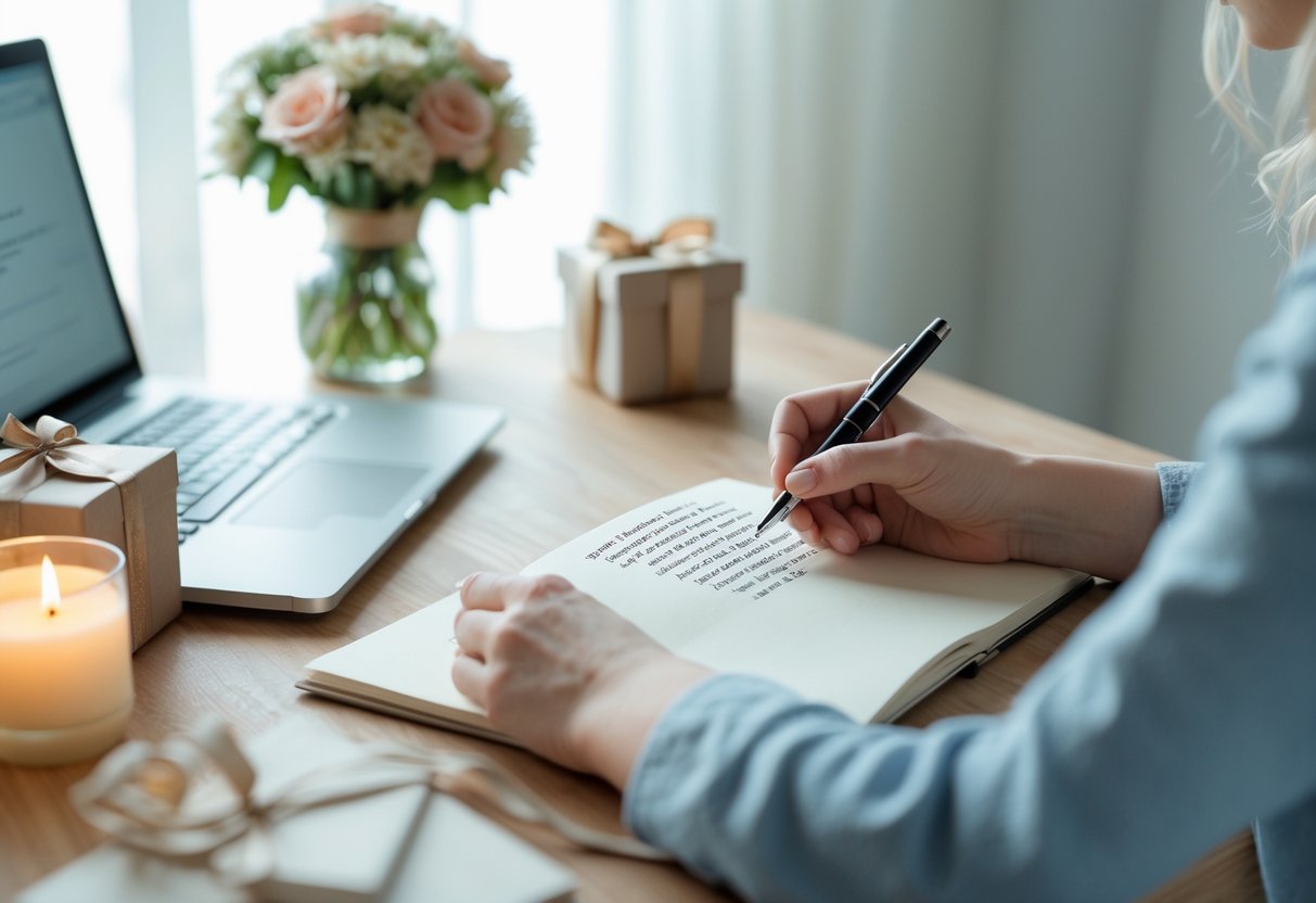 A person writing a message at a desk with a notebook, pen, laptop, flowers, and a gift box in a softly lit room.