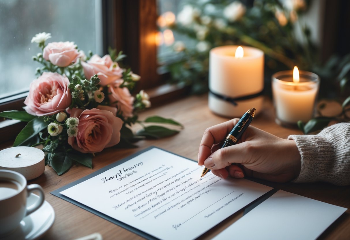 A wooden desk with an open greeting card, pen, flowers, candle, and cup of coffee by a window with soft natural light.